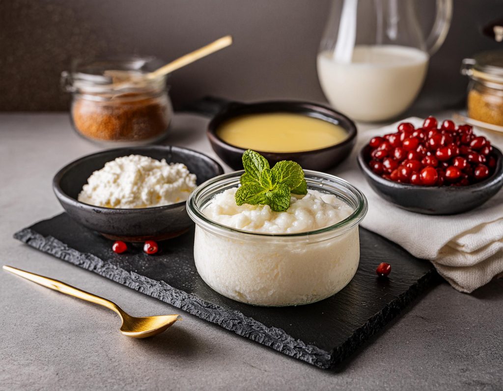 Firefly cuajada, un bol pequeño de arroz con leche y unas natillas 