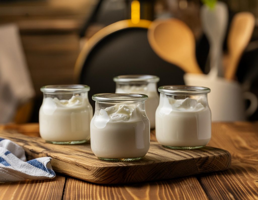Firefly varios vasos de yogur en una mesa de madera en una cocina de una cabaña